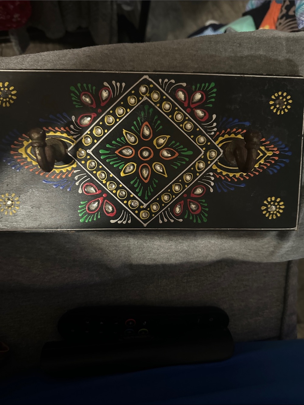 MEXICANA Black Wall Hook Panel with Multicolor Folk Floral Accents